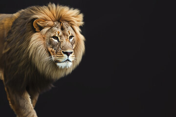 Big African lion, portrait on a black background