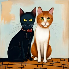 Obraz premium Dois gatos sentados no chão e olhando para a câmera, ilustração