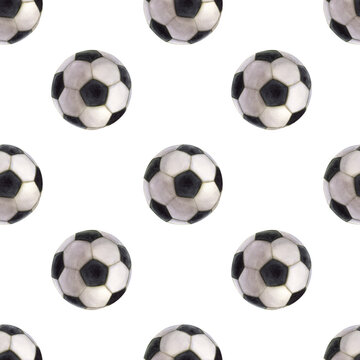 Seamless pattern football. Black and white soccer ball. Hand drawn watercolor illustration isolated on white background. For design postcard, sticker, poster, label, logo