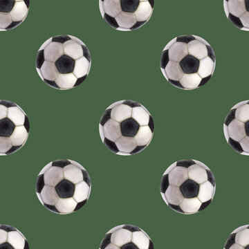 Seamless pattern football. Black and white soccer ball. Hand drawn watercolor illustration isolated on green background. For design postcard, sticker, poster, label, logo