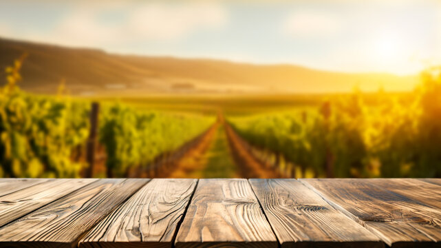 Empty wooden table top against a blurred vineyard during a beautiful sunset.