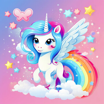 Cute Unicorn with rainbow in clouds cartoon illustration - ai generative