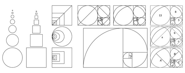 Golden ratio geometric concept set. Divine proportion collection. Geometric shapes with ideal section composition icons. Geometry harmony and balance illustration