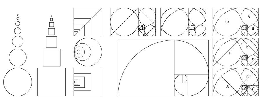 Golden ratio geometric concept set. Divine proportion collection. Geometric shapes with ideal section composition icons. Geometry harmony and balance illustration