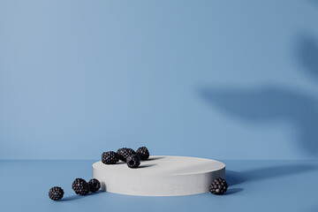 Blue background with blueberry for presentation of cosmetic or other products.Minimal modern product display on  blue background and shadows.3d rendering.