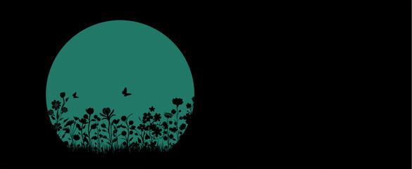 Vektor Silhouetten - Mond hinter Blumen, Pflanzen, Büschen und Gräsern