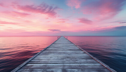 Naklejka na ściany i meble Wooden pier on the lake at beautiful sunset. Dramatic sky. generative AI image.