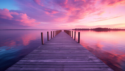 Obraz na płótnie Canvas Wooden pier on the lake at beautiful sunset. Dramatic sky. generative AI image.