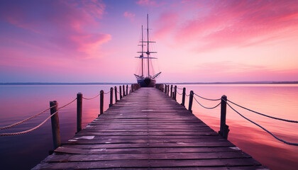 Fototapeta na wymiar Wooden pier and sailing ship at sunset. Beautiful seascape. generative AI image.