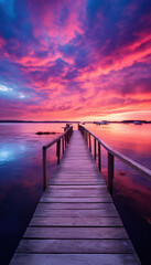 Fototapeta premium Wooden pier on the lake at beautiful sunset. Dramatic sky. generative AI image.