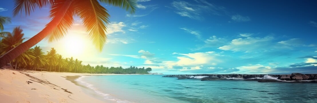 An enchanting summer vacation and travel background - golden sand of a tropical beach with blurry palm leaves, and bokeh highlights on the water on a sunny day. Created with Generative AI technology