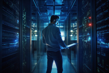 Cutting-edge Vision: Tech Guru in Futuristic Data Center Utilizing Laptop Amidst Warehouse, Streamlined Digitalization with Server-Based Information. SAAS, Cloud Computing, Web Service Empowered.
