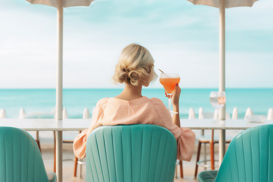 Luxury girl sitting her back to the camera in open beach sea view bar with cocktail. AI generated image for your design.