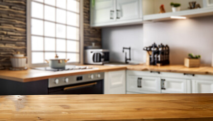 Wooden desk of free space and kitchen interior with furniture.