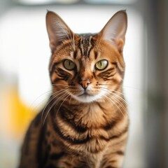 Portrait of a brown Bengal cat sitting in a light room beside a window. Closeup face of a beautiful red Bengal cat at home. Portrait of a cute tabby Bengal cat with sleek fur looking at the camera.