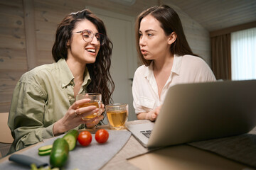 Happy women watching movie on laptop and communicates