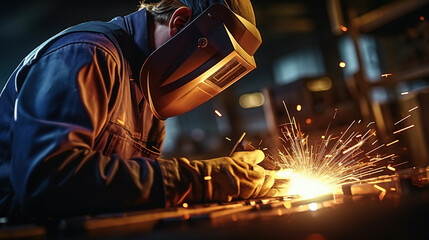 Sparks Flying: A Skilled Worker Welding in the Factory with a Welding Mask, Generative AI