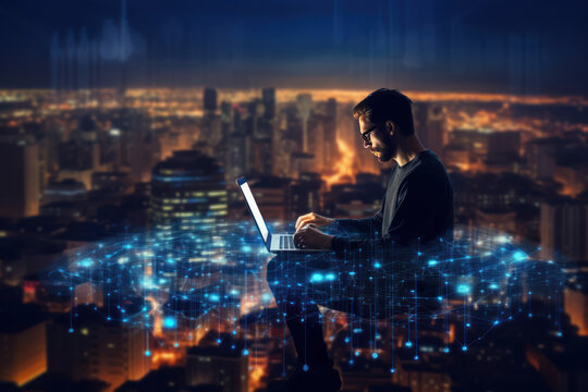 Cutting-edge Vision: Tech Guru in Futuristic Data Center Utilizing Laptop Amidst Warehouse, Streamlined Digitalization with Server-Based Information. SAAS, Cloud Computing, Web Service Empowered.