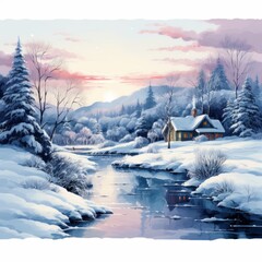 oil painting on canvas of a snowy winter landscape