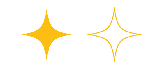 Yellow full four pointed star and yellow star frame icons isolated on white background, two golden star flat shapes for apps and websites. Vector illustration
