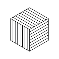 3d black outline striped cube icon isolated on white background, box shape with lines. Vector illustration