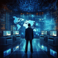 Cutting-edge Vision: Tech Guru in Futuristic Data Center Utilizing Laptop Amidst Warehouse, Streamlined Digitalization with Server-Based Information. SAAS, Cloud Computing, Web Service Empowered.