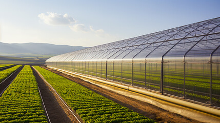 Naklejka premium Sustainable Farming Solutions: Industrial Greenhouse in a Field, Generative AI