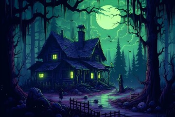 Fototapeta na wymiar halloween haunted house cartoon illustration with retro style