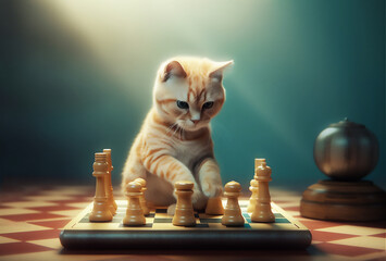 Cute pug sitting playing chess. Minimalistic illustration. AI generated.