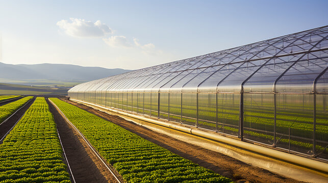 Sustainable Farming Solutions: Industrial Greenhouse in a Field, Generative AI
