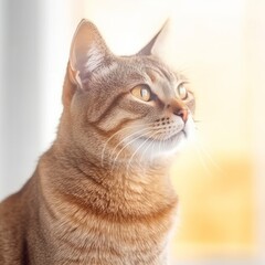 Portrait of a silver Chausie cat sitting in a light room beside a window. Closeup face of a beautiful silver Chausie cat at home. Portrait of tabby Chausie cat with sleek fur looking outside a window