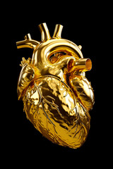 Golden human heart on black background with clipping path to the heart. Generative AI.