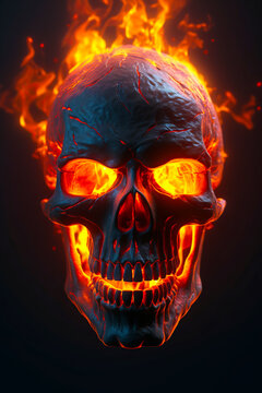 Skull with glowing eyes and flame in its mouth is shown in this image. Generative AI.