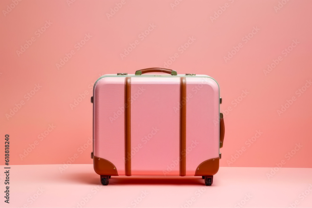 Wall mural Pink suitcase sitting on top of pink floor next to pink wall. Generative AI.