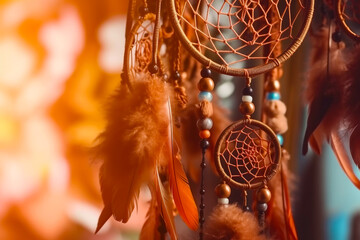 Fototapeta na wymiar Close up of dream catcher with beads and beads hanging from it. Generative AI.