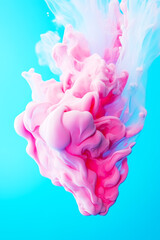 Pink and blue liquid is in the air on blue background with blue sky in the background. Generative AI.