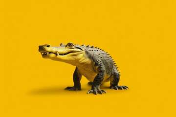 Large alligator standing on top of yellow floor next to yellow wall. Generative AI.