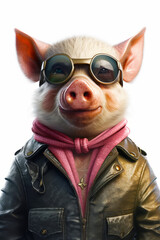Pig wearing leather jacket and sunglasses with pink scarf around its neck. Generative AI.