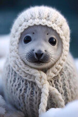 Obraz premium Close up of baby seal wearing knitted hat and scarf. Generative AI.