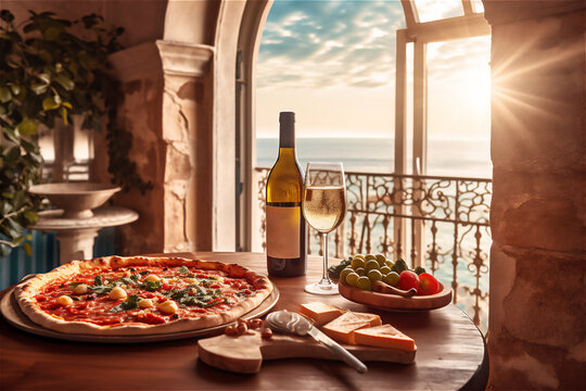 Italian pizza with glasses of white wine at luxury restaurant with a sea view at sunset. AI generated image.