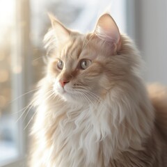 Profile portrait of a cream LaPerm cat sitting beside a window in a light room with blurred background. Closeup face of a beautiful LaPerm cat at home. Portrait of a cream LaPerm cat with thick fur.