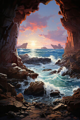 Fantasy window to a view of ocean and rocks. AI generative