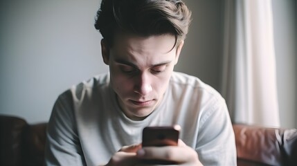 Front view portrait of a sad, depressed crying modern teenage man checking, looking at phone sitting on the floor in room at home received negative news, light white isolated background, AI Generated