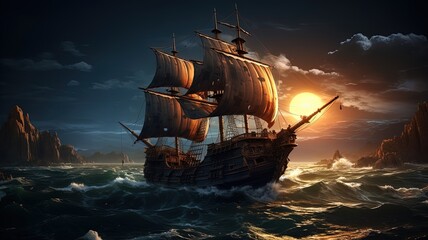 art illustration of big ancient pirate ship sailing on rough sea, Generative Ai - obrazy, fototapety, plakaty