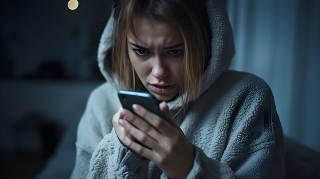 Front View Portrait Of A Sad, Depressed, Crying Modern Woman Checking, Looking At Phone Sitting On The Floor In The Living Room At Home, Received Negative News, Dark Background, AI Generated