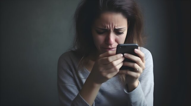 Front view portrait of a sad, depressed, crying modern woman checking, looking at phone sitting on the floor in the living room at home, received negative news, dark background, AI Generated