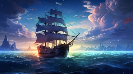 Fototapeta premium art illustration of big ancient pirate ship sailing on rough sea, Generative Ai