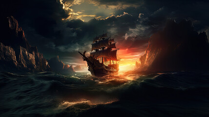 art illustration of big ancient pirate ship sailing on rough sea, Generative Ai - obrazy, fototapety, plakaty
