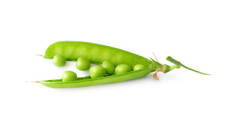 Fresh open green pea pod isolated on white background    