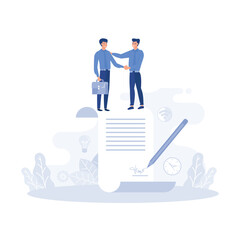 Agreement. Business people standing on a signed contract, flat vector modern illustration
